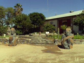 Two large sculptures at the entrance of Wittreich, Marmorwerke Karibib, Namibia